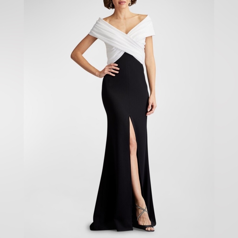 NWT Tadashi Shoji Benz Pleated Two Tone Off Shoulder Gown Black White Sz XXL